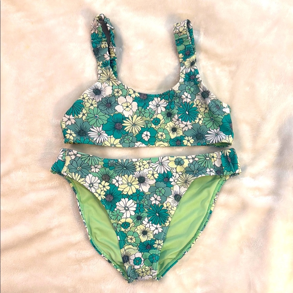 Full Tilt | Cinched Bralette Green and White Floral Bikini | Size 12